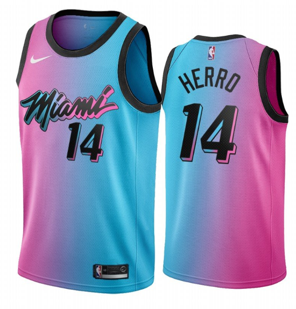Men's Miami Heat #14 Tyler Herro 2021 Blue/Pink City Edition Vice Stitched Jersey